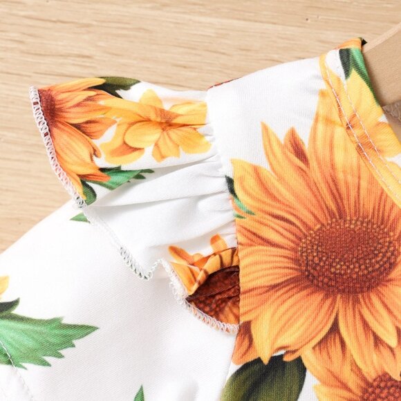 2T 3T Baby Girl Sunflower Outfit Set | Ruffle Sleeve Top + Denim (9-12M, 2T, 3T) - Picture 5 of 10